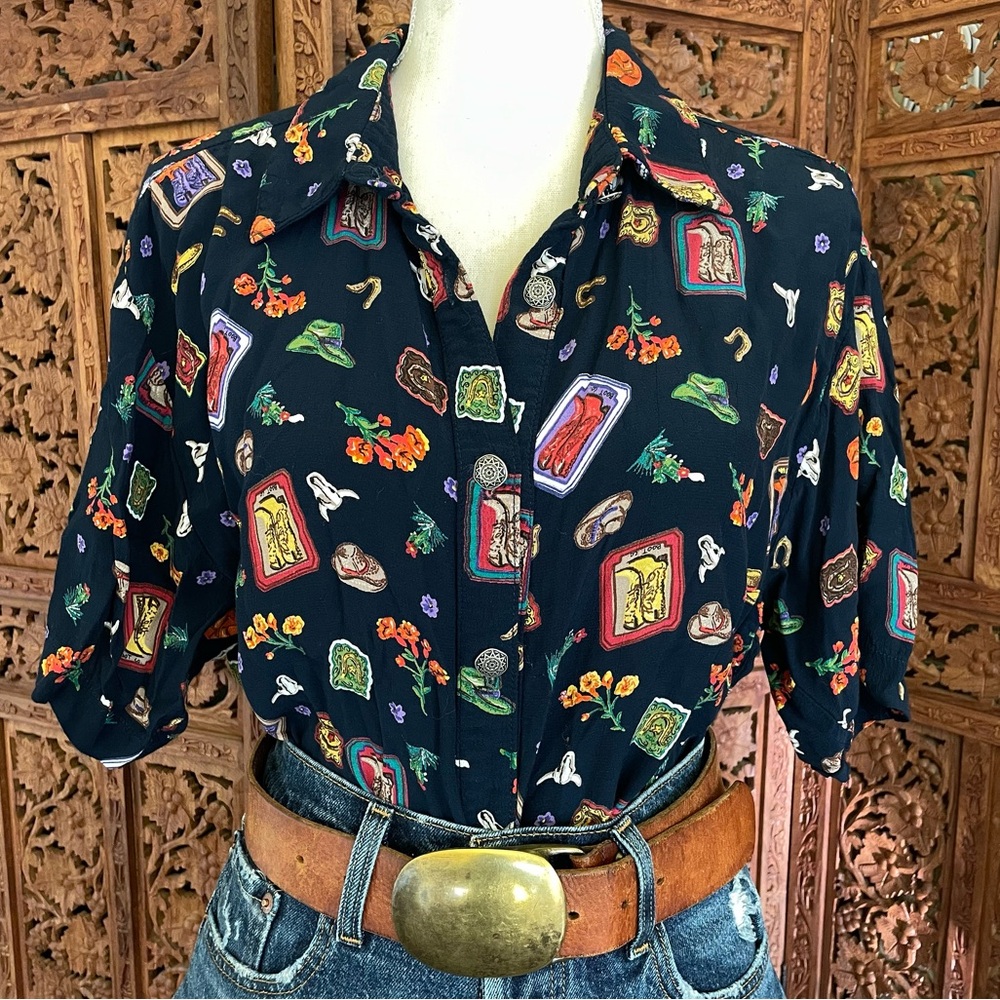 Vintage Western Cowgirl boots hat floral Print button down Shirt
